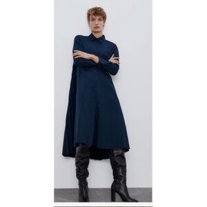 Zara XS Long Sleeve Pleated Back Shirt Dress Button‎ Down Dark Blue Mini